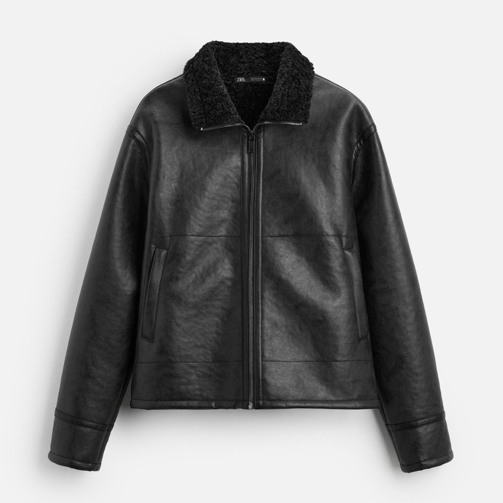 Black Faux Leather Jacket with Shearling Collar